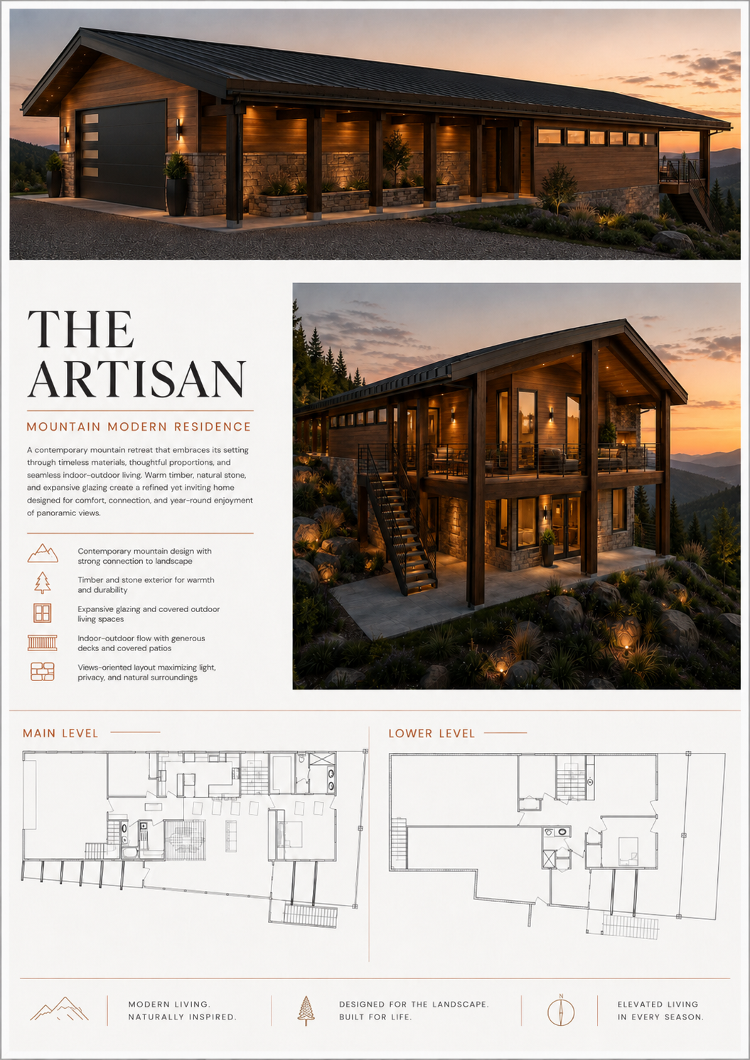 The Artisan — mountain modern residence with timber and stone exterior, expansive glazing, and floor plans.