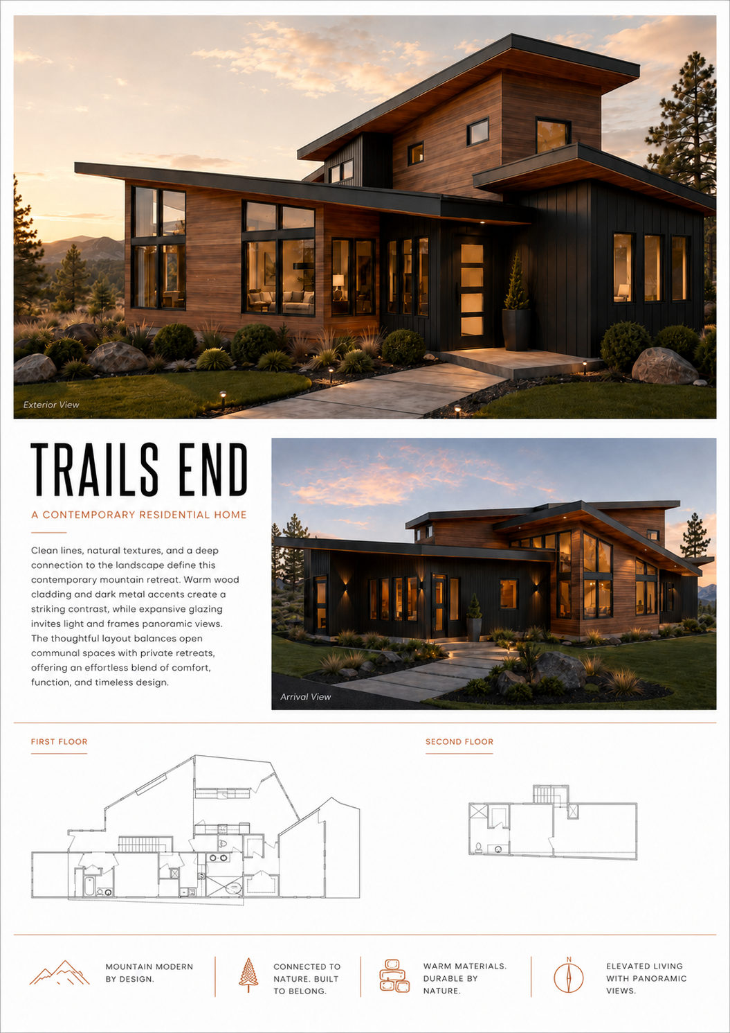 Trails End — contemporary mountain residence with warm wood cladding, dark metal accents, and floor plans.