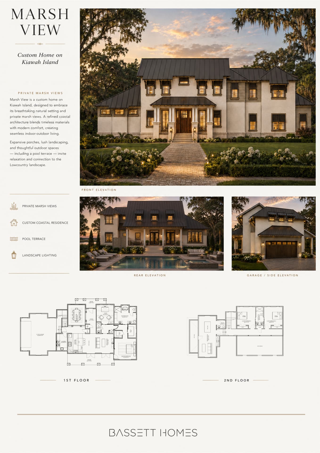 Marsh View — custom home on Kiawah Island with front and rear elevations and floor plans.