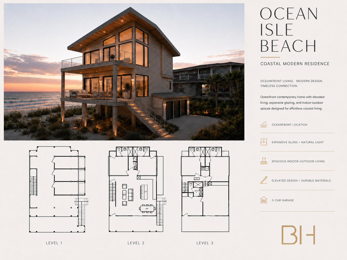 Ocean Isle Beach — coastal modern residence with oceanfront views, elevated living, and floor plans.