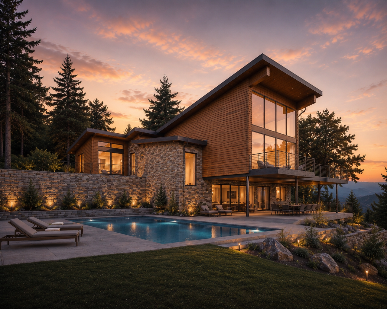 Modern mountain residence at dusk with wood and stone cladding, a swimming pool, and forested hillside — a Bassett Homes design