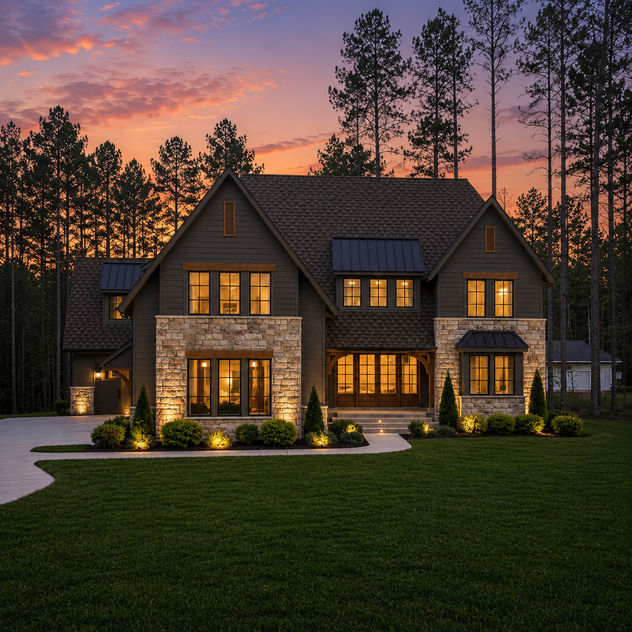 Stone Ledge — front exterior at dusk