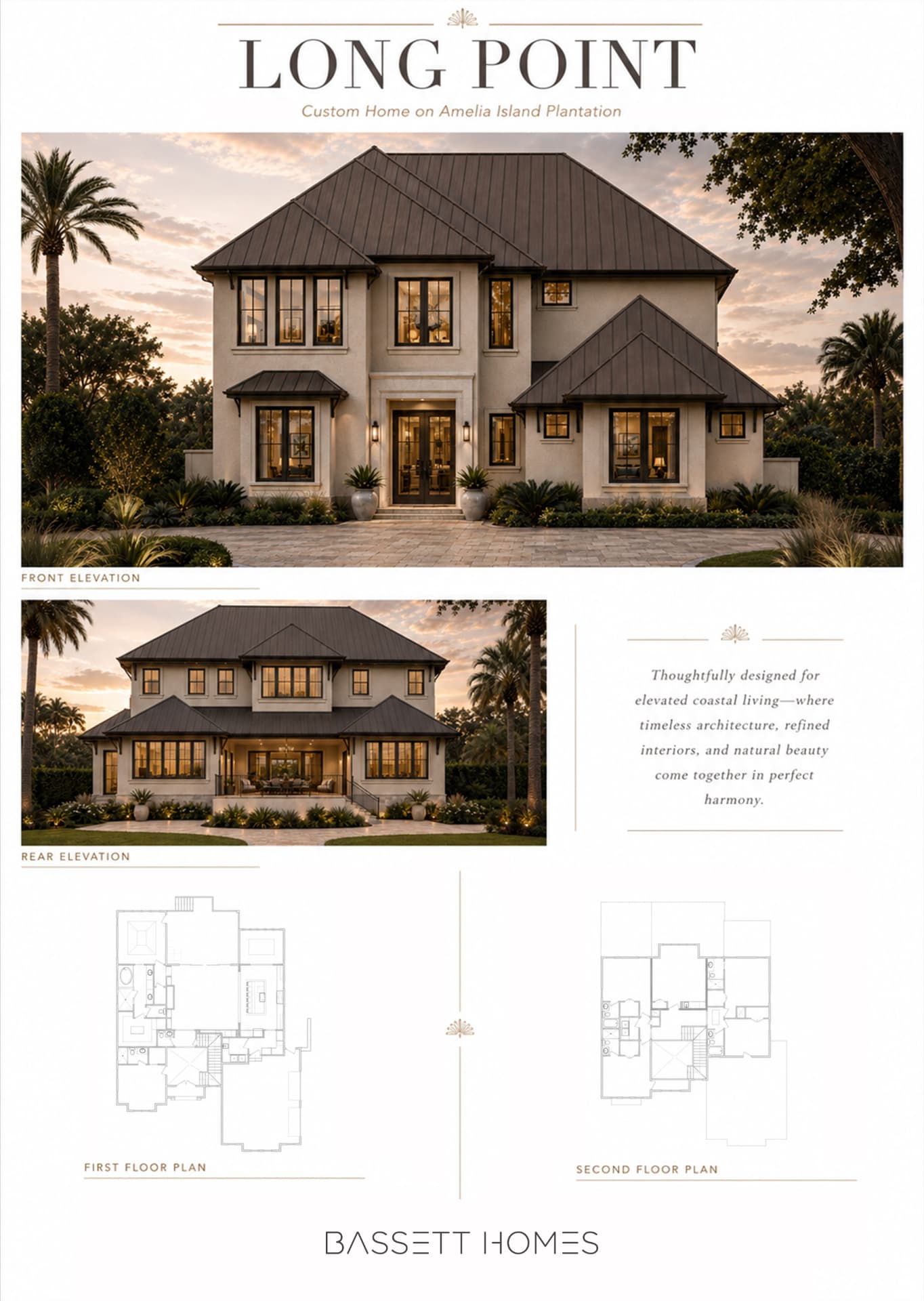 Long Point — custom home on Amelia Island Plantation with front and rear elevations and first and second floor plans.