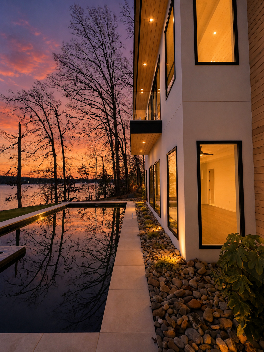 Modern lakeside residence with floor-to-ceiling glass, white cladding, and an infinity-edge pool overlooking the water — a Bassett Homes design