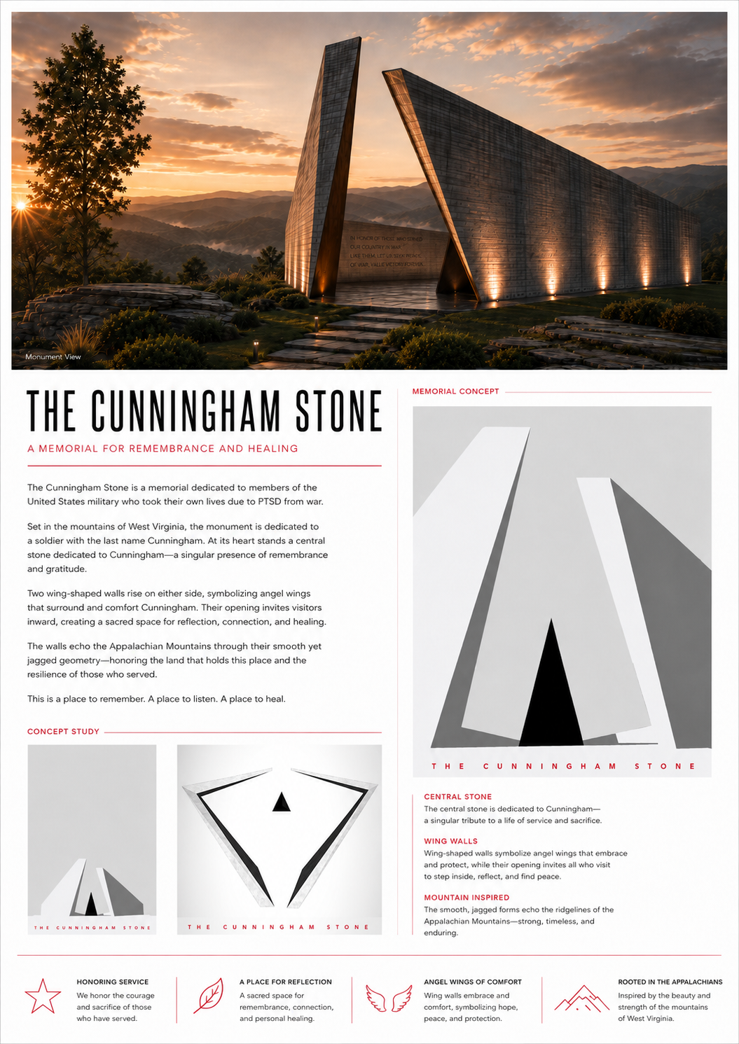 The Cunningham Stone — memorial concept with monumental stone forms set against an Appalachian mountain landscape at dusk.